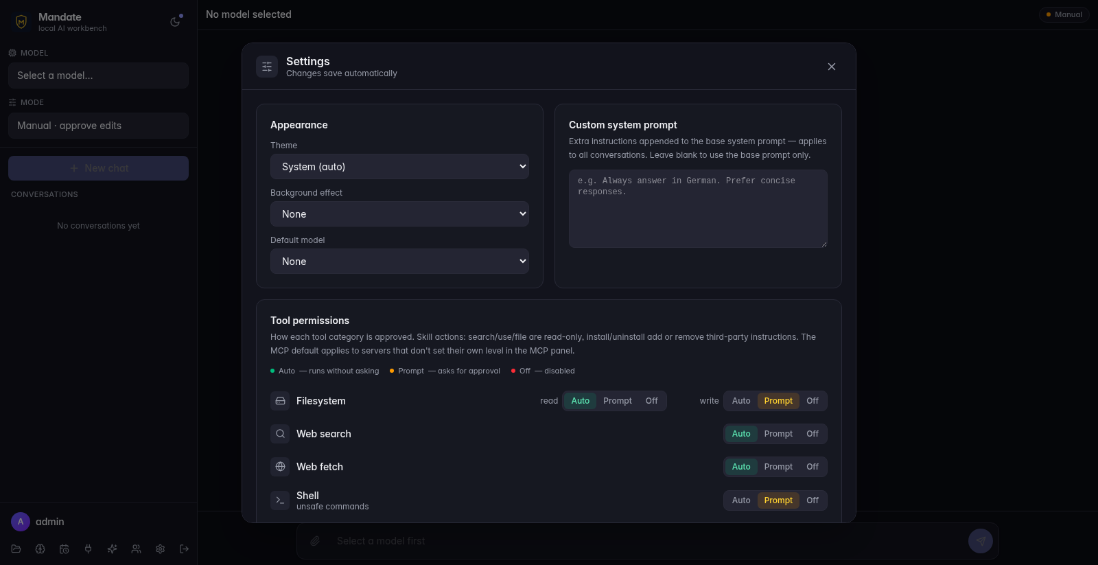 The Mandate settings panel